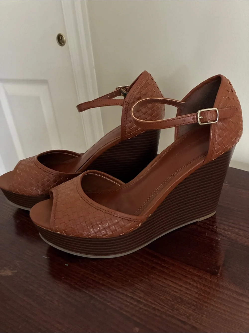 Banana Republic Tan Woven Peep-Toe Ankle-Strap Wedges